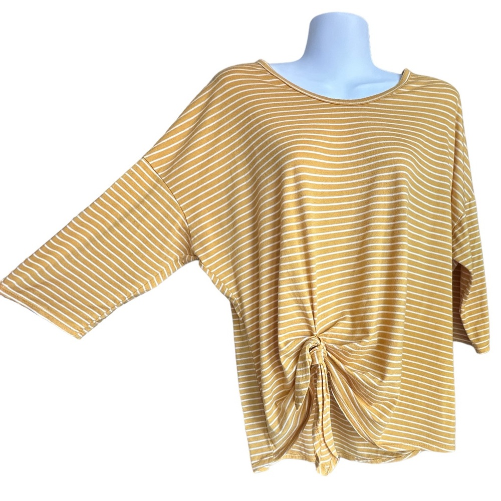 Perceptions Yellow and White Striped Front Side Knot 3/4 length T-Shirt Size L